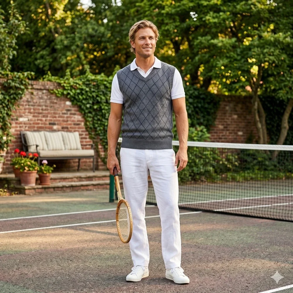 Lacoste Men's‎ Grey Argyle Preppy V-Neck Knit Pullover Sweater Vest Size Large